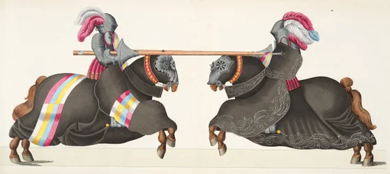 Dois cavaleiros em um torneio, placa de "Uma História do Desenvolvimento e Costumes de Cavalaria", do Dr. Franz Kottenkamp, publicado por Carl Hoffmann, 1842