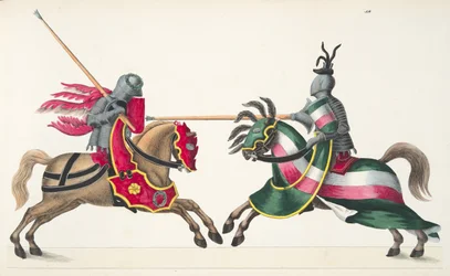Dois cavaleiros em um torneio, placa de "Uma História do Desenvolvimento e Costumes de Cavalaria", do Dr. Franz Kottenkamp, publicado por Carl Hoffmann, 1842