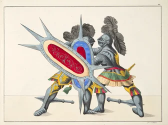 Dois cavaleiros lutando, prato de &39;Uma História do Desenvolvimento e Costumes de Cavalaria&39;, do Dr. Franz Kottenkamp, publicado por Carl Hoffmann, 1842