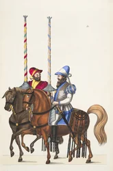 Dois cavaleiros em um torneio, placa de "A History of the Development and Customs of Chivalry", do Dr. Franz Kottenkamp, publicado por Carl Hoffmann, 1842