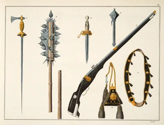 Armas incluindo um mosquete, c.1400, placa de &39;Uma História do Desenvolvimento e Costumes de Cavalaria&39;, do Dr. Franz Kottenkamp, publicado por Carl Hoffmann, 1842