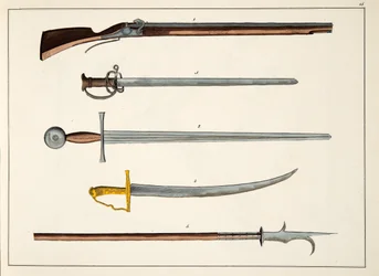 Armas incluindo espadas e lanças, c.1400, placa de A History of the Development and Customs of Chivalry, do Dr. Franz Kottenkamp, publicado por Carl Hoffmann, 1842