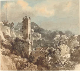 Ruínas de uma torre fortificada entre Wooded Hills