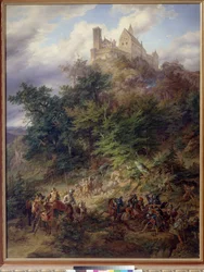 Paisagem com cavaleiros (The Wartburg) por Preller, Friedrich, o Ancião (1804-1878). Óleo sobre tela