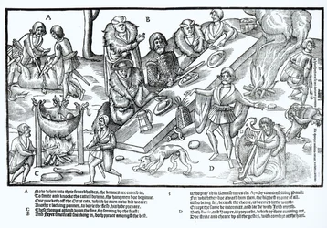 Chefe dos Mac Sweynes sentado a jantar e a ser recebido por um bardo e um harpista, placa 3 de "The Image of Ireland" de John Derricke