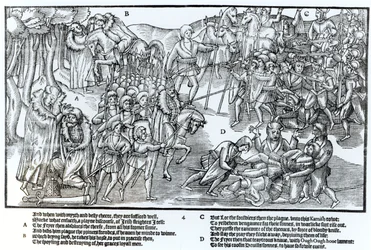 O chefe irlandês recebe a bênção do padre antes de partir para lutar contra os ingleses, que são mostrados com armadura completa, placa 4 de "The Image of Ireland", de John Derricke, 1581