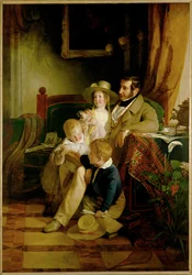 Rudolf von Arthaber e os seus filhos Rudolf Emilie e Gustav, olhando para a fotografia da sua falecida esposa e mãe ... (pintura sobre tela)