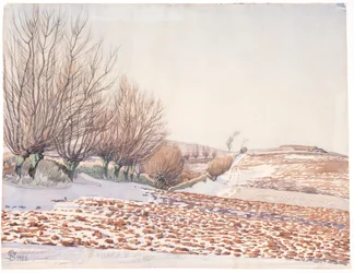 Paisagem com salgueiros e campo arado na neve