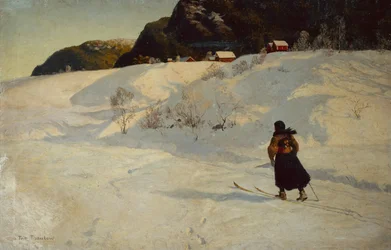Cena de inverno com um esquiador