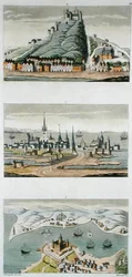 Scandinavian Ports (Top to Bottom: Copenhagen, Fortress of Segeburg, and Fort of Sund) c.1800-15, placa 50 de 