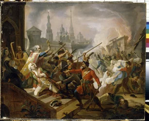 Guerra dos Camponeses Russos de 1773-1775 (Yaik Cossack Jacquerie): a Batalha de Kazan em Julho de 1774, cena da revolta de Emelian Ivanovich Pugachev (Iemelian ou Emilian Pugachov) (1742-1775). (A Batalha de Pugachev de Kazan em Julho de 1774.