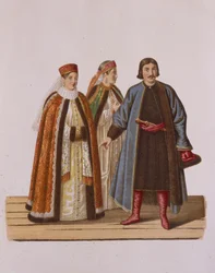Roupa das filhas solteiras de Boyars na época de Pedro I Da série Roupa da