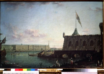 Vista da Fortaleza de Pedro e Paulo e o aterro do palácio em São Petersburgo. Pintura de Fyodor Yakovlevich Alexeev (1753-1824). Óleo sobre tela, 71,5 x 109 cm