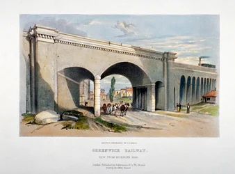 London and Greenwich Railway ponte sobre a Neckinger Road, Bermondsey, Londres, 1836.