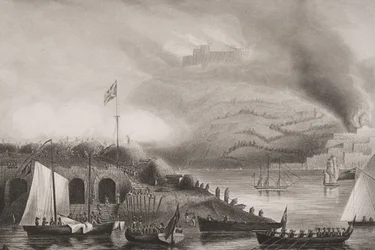 O assalto de San Sebastian, 31 de agosto de 1813, ilustração de "Batalhas da Inglaterra por mar e terra" por Tenente. Coronel Williams (gravura)