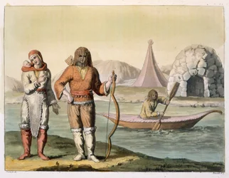 Esquimós na Baía de Hudson, de &39;Le Costume Ancien et Moderne&39;, Volume I, placa 23, de Jules Ferrario, gravado por Angelo Biasioli (1790-1830), publicado em 1820s-30s (gravura colorida)