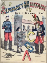 Capa de "Alfabeto Militar" , série Grand-Bebe. Gravura. Imagem Pont-a-Mousson. Louis Vagne, impressora-editor, cerca de 1900. Ilustrações de G. Dascher. 20 páginas. Dimensões: 31,5x24,5cm.