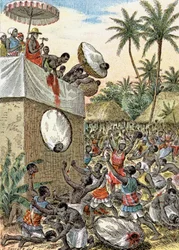 Sacrifícios humanos em África, c.1900 (ilustração)