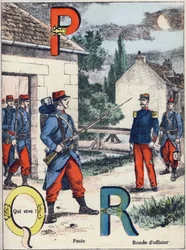 Cartas P Q e R: Post, Qui vive! e Ronda dos Oficiais. Gravura em "Alphabet militaire" , série Grand-Bebe. Gravura. Imagem de Pont-a-Mousson. Louis Vagne, impressora-editor, cerca de 1900. Ilustrações de G. Dascher. 20 páginas. Dimensões: 31,5x24,5cm.