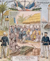 A exploração de M. de Brazza (1875-79) Seu Tratado com Makoko, ilustração de &39;Les Colonies Francaises&39;