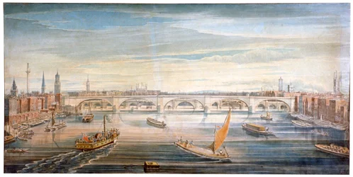 Vista da nova London Bridge a oeste, com barcos e barcaças no Tâmisa, 1831.