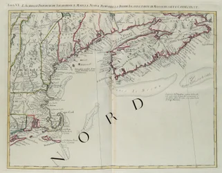 Acadia, as Províncias de Sagadahoc e Maine, New Hampshire, Rhode Island e parte de Massachusetts e Connecticut, gravura de G. Zuliani tirada de Tome I do "Newest Atlas" publicado em Veneza em 1778 por Antonio Zatta, Private Collection