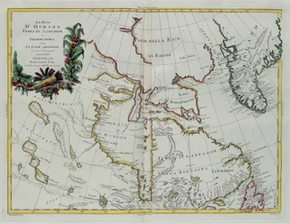 Hudson Bay, Land of Labrador e Gronelândia com as ilhas adjacentes, gravura de G. Zuliani tirada de Tome I do "Mais Novo Atlas" publicado em Veneza em 1778 por Antonio Zatta, Coleção Particular