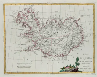 Islândia dividida em seus distritos, gravura de G. Zuliani tirada de Tomé III do "Atlas Mais Novo" publicado em Veneza em 1781 por Antonio Zatta, Coleção Particular