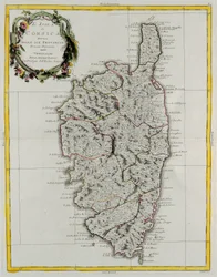 Ilha da Córsega dividida em suas províncias, gravura de G. Zuliani tirada de Tome II do "Atlas Mais Novo" publicado em Veneza em 1782 por Antonio Zatta, Coleção Particular