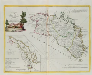 Ilha de Minorca e a planta do porto e da cidade de Mahon e seus fortes, gravura de G. Zuliani tirada de Tomé I do "Atlas Mais Novo" publicado em Veneza em 1778 por Antonio Zatta, Coleção Particular
