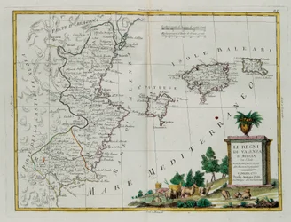 Reinos de Valência e Múrcia com as Ilhas Baleari e Pitiuse, gravura de G. Zuliani tirada de Tomé I do Atlas mais Novo publicada em Veneza em 1775 por Antonio Zatta, Coleção Particular