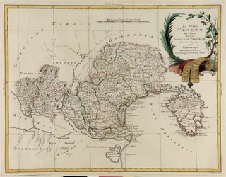 Área territorial do Estado do Veneto, dividida em suas Províncias, gravura de G. Zuliani tirada de Tome II do "Atlas Mais Novo" publicado em Veneza em 1782 por Antonio Zatta, Coleção Particular