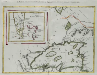 Terra dos índios Ottawa e Kilistine ao redor do Lago Superior e um suplemento da Flórida oriental, gravura de G. Zuliani tirada de Tome I do "Atlas Mais Novo" publicado em Veneza em 1778 por Antonio Zatta, Private Collection