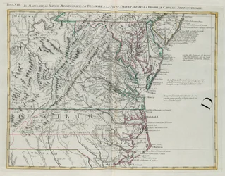 Maryland, sul de Nova Jersey, Delaware e a parte oriental da Virgínia e Carolina do Norte, gravura de G. Zuliani tirada de Tome I do "Atlas Mais Novo" publicado em Veneza em 1778 por Antonio Zatta, Private Collection
