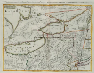 Pensilvânia, Nova Iorque, sul de Nova Jersey, com a parte ocidental de Connecticut, Massachusetts Bay e Land of the Iroquois, gravura de G. Zuliani tirada de Tome I do "Newest Atlas" publicado em Veneza em 1778 por Antonio Zatta, Private Collection