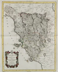 O Grão-Ducado da Toscana dividido em suas províncias, gravura de G. Zuliani tirada de Tome II do "Atlas Mais Novo" publicado em Veneza em 1783 por Antonio Zatta, Coleção Particular