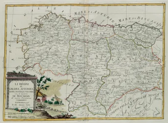 Os Reinos da Galiza, Astúrias, Leão, Castela Vieja com o Concílio de Biscallia, gravura de G. Zuliani tirada de Tomo I do Atlas mais Novo publicada em Veneza em 1776 por Antonio Zatta, Priva