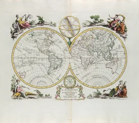 Mapa do mundo e uma descrição geral do globo, gravada por G. Zuliani tirada de Tomé do Novo Atlas publicada em Veneza em 1774 por Antonio Zatta