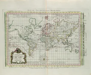 Mapa Mundial e uma descrição geral do globo terrestre, reduzida a uma imagem, gravada por G. Zuliani tirada de Tome I do "Atlas Mais Recente" publicado em Veneza em 1774 por Antonio Zatta