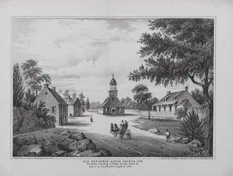 Antiga Igreja Holandesa Reformada em 1776, desenhada pela Miss Elizabeth Sleight em 1808, imprimida por H. McCloskeys Manuel da Cidade de Brooklyn, 1864