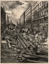 O funicular de Belleville, colocou a pista, rue de Belleville em 1894. Gravação após o desenho de M.G. de Burgrraff. Em "O Mundo Ilustrado" de 1894.