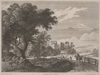 Paisagem com viajantes cruzando uma ponte (gravura e gravura)