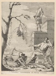 Filósofo chorão rodeado de simbolismo vanitas