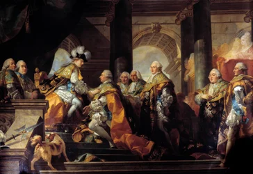 O Rei Luís XVI (1754-1793) recebeu em Reims a homenagem dos Cavaleiros da Ordem do Espírito Santo (Ordem do Espírito Santo) após sua consagração em 13/06/1775 Detalhe. Pintura de Gabriel Doyen (1726-1806) Sol. 3,45 x 4,85 m