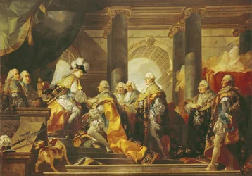 Luís XVI (1754-93), rei da França, recebendo a homenagem dos cavaleiros da Ordem de St. Esprit em Reims, em 13 de junho de 1775