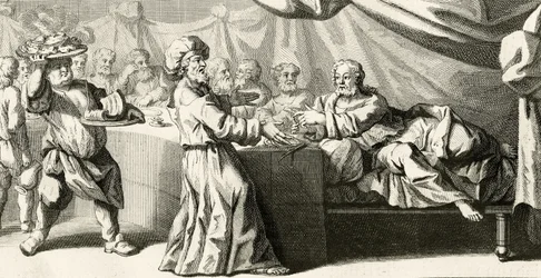 Jesus convidou para jantar com o fariseu, ilustração do Evangelho de São Lucas, capítulo 11:37, 1728