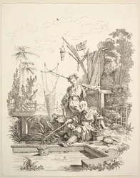 Um homem chinês e uma mulher pescando junto a um viveiro de peixes, século XVIII.