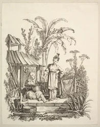 Um chinês sentado e uma mulher carregando um peixe, ca. 1742