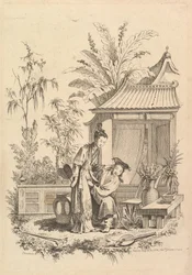 Cena de Chinoiserie com figuras em uma paisagem, século XVIII.