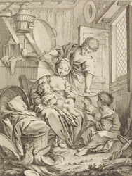 Ilustração 1: Jovem alimentando seu bebê, do Premier Livre de Subjects et Pastorales Fi..., 1720-72.